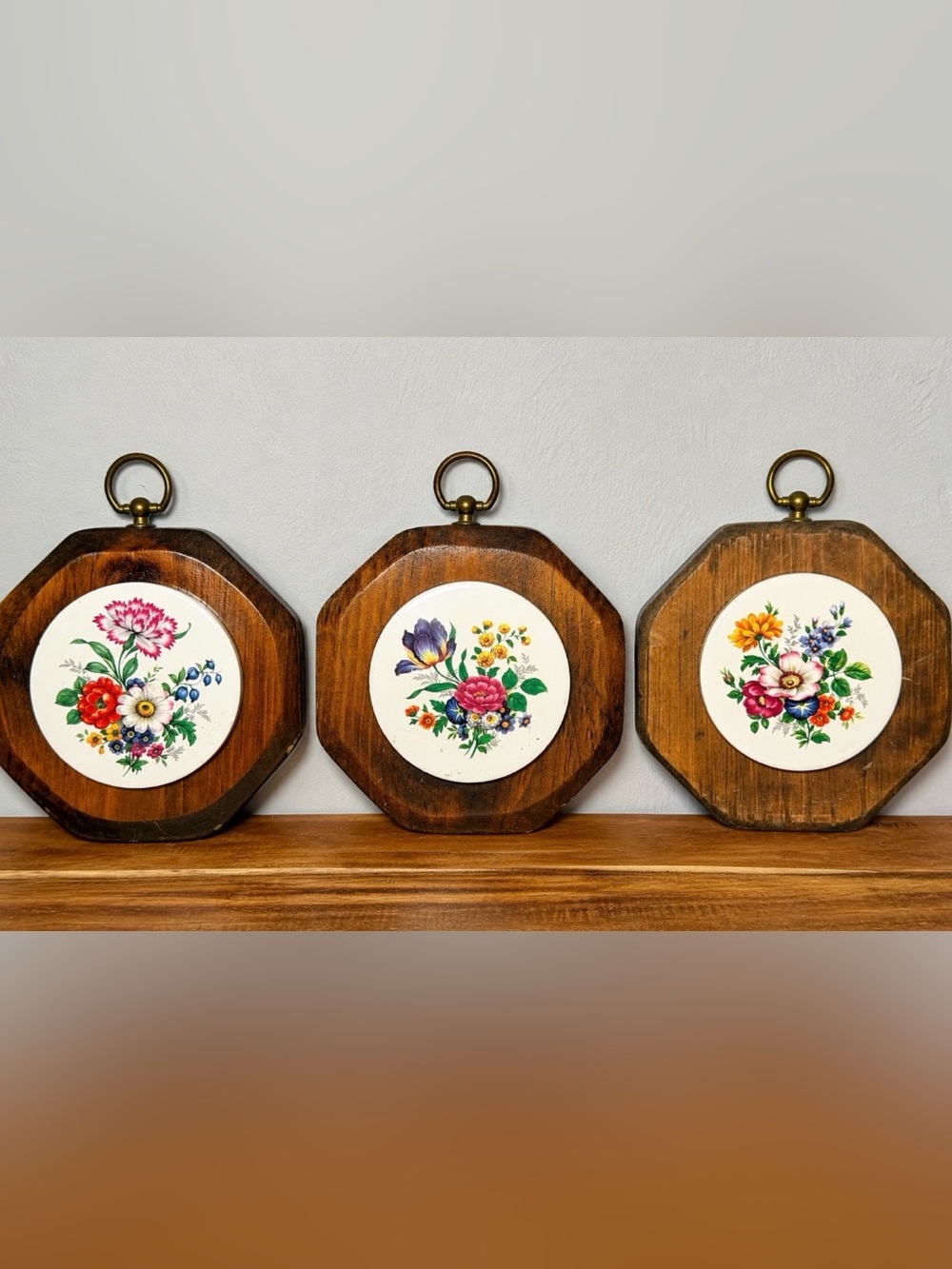 Vintage Floral Ceramic Trivets Set | Wooden Hanging Wall Plaques